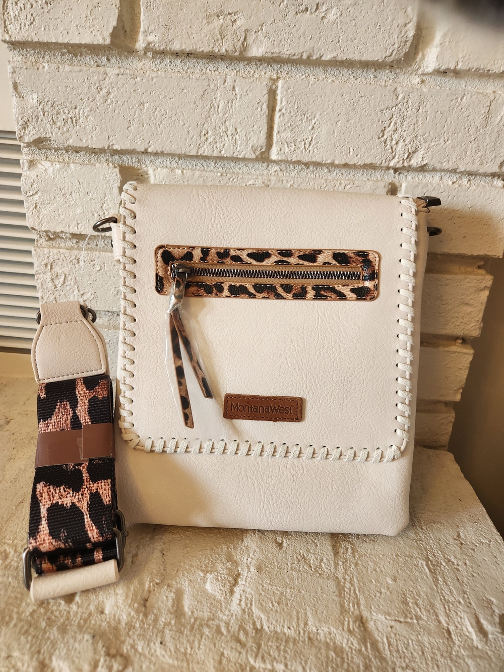 Montana West White Crossbody Bag with Leopard Trim